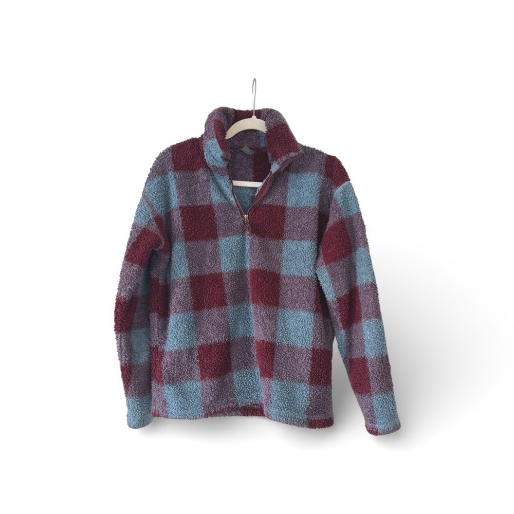 Eddie Bauer Womens Sherpa Fleece Quarter Zip Pullover Plaid Burgundy Blue Size M